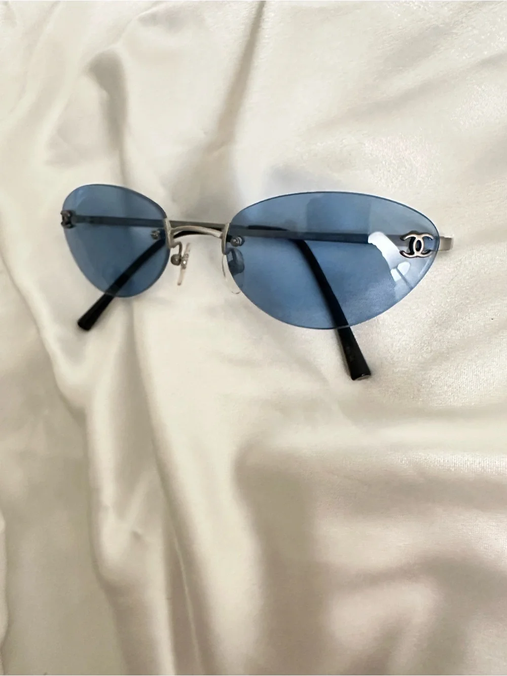 CHANEL🩵Rimless Oval Sunglasses - Blue Lenses with Silver Accents #104
